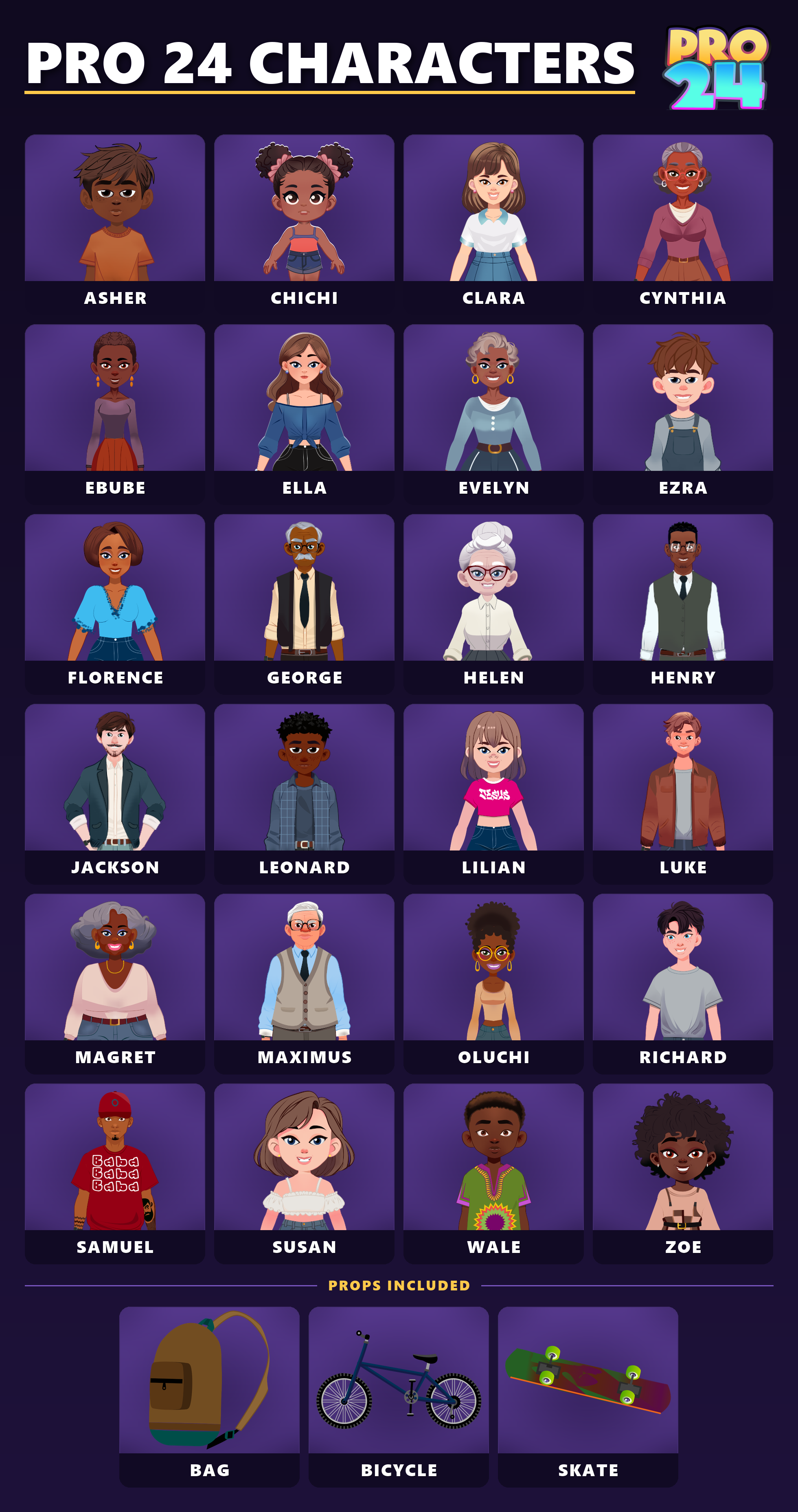 All 24 Pro 24 characters plus bonus props — bag, bicycle, skate