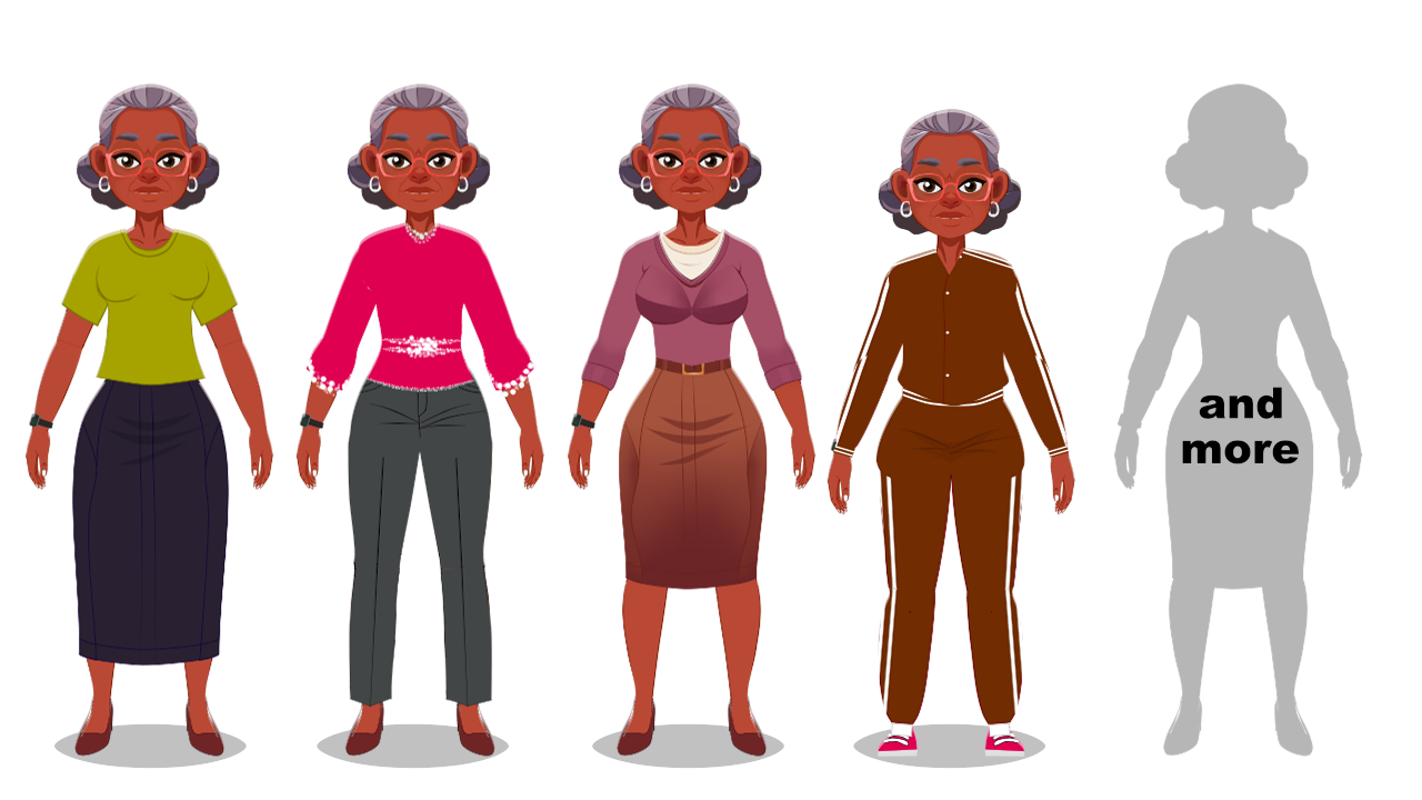 Cynthia shown in four different outfits, plus more